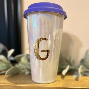 World Market Iridescent “G” Monogrammed Travel Mug with Purple Silicone Lid